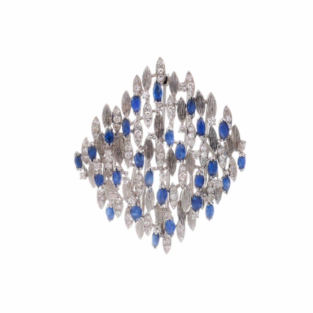 Broche or blanc 585 avec saphirs et diamants