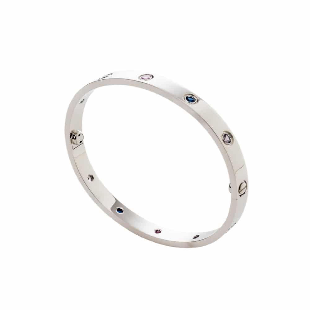 Love, bracelet en or blanc avec 2 aigues-marines, 2 saphirs roses, 2 saphirs bleus, deux spinelles violets et 2 améthystes