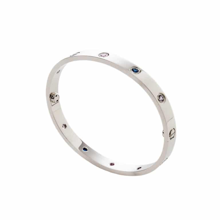 Cartier - Love, bracelet en or blanc avec 2 aigues-marines, 2 saphirs roses, 2 saphirs bleus, deux spinelles violets et 2 améthystes