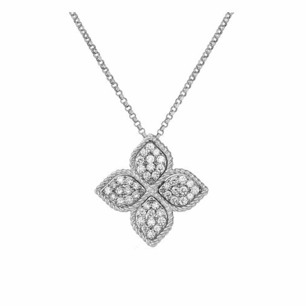 Princess flower necklace with pendant in white gold set with diamonds and a ruby