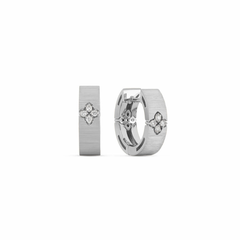 Roberto Coin - Love in Verona hoop earrings in matte white gold, flower motif set with diamonds and two rubies
