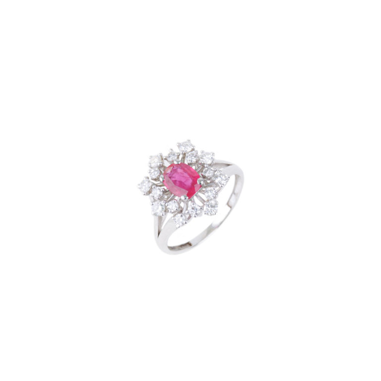 Vintage Jewelry - Vintage ring in white gold with a floral motif set with a ruby ​​and 16 diamonds