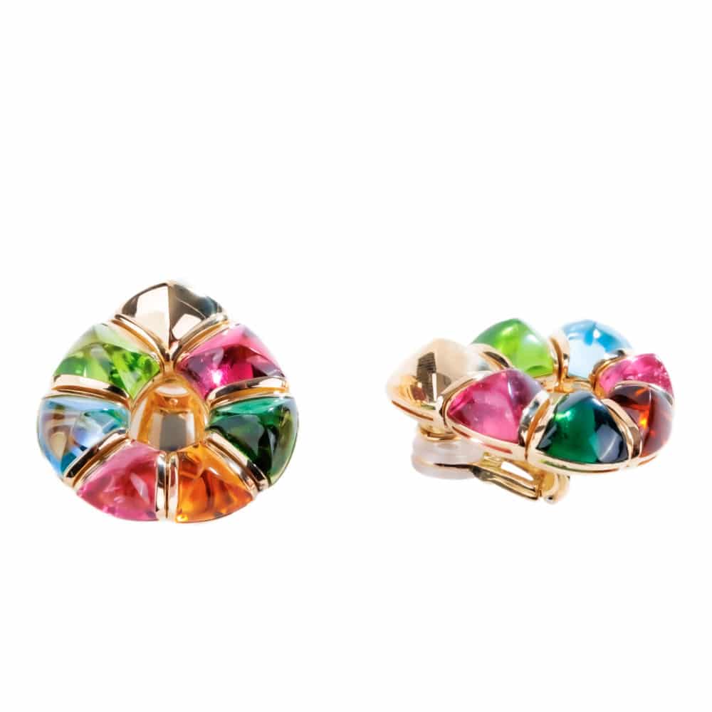 Vintage une paire de clips d’oreilles en or jaune 750, motif goutte sertis de pierres multicolores