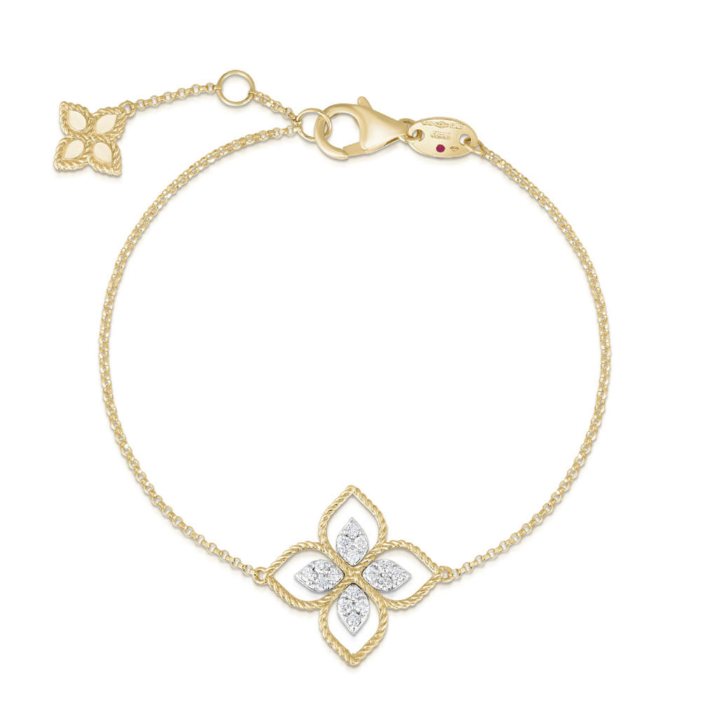Fleur de princesse bracelet en or jaune avec motif fleur sertie de 16 diamants et un rubis