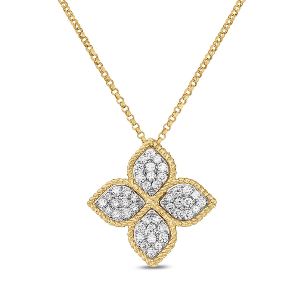 Princess flower necklace with pendant in yellow gold and white gold set with 44 diamonds and a ruby