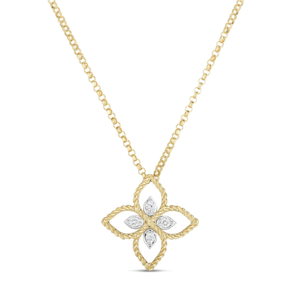 Princess flower necklace with pendant in rose gold and white gold set with 4 diamonds and a ruby