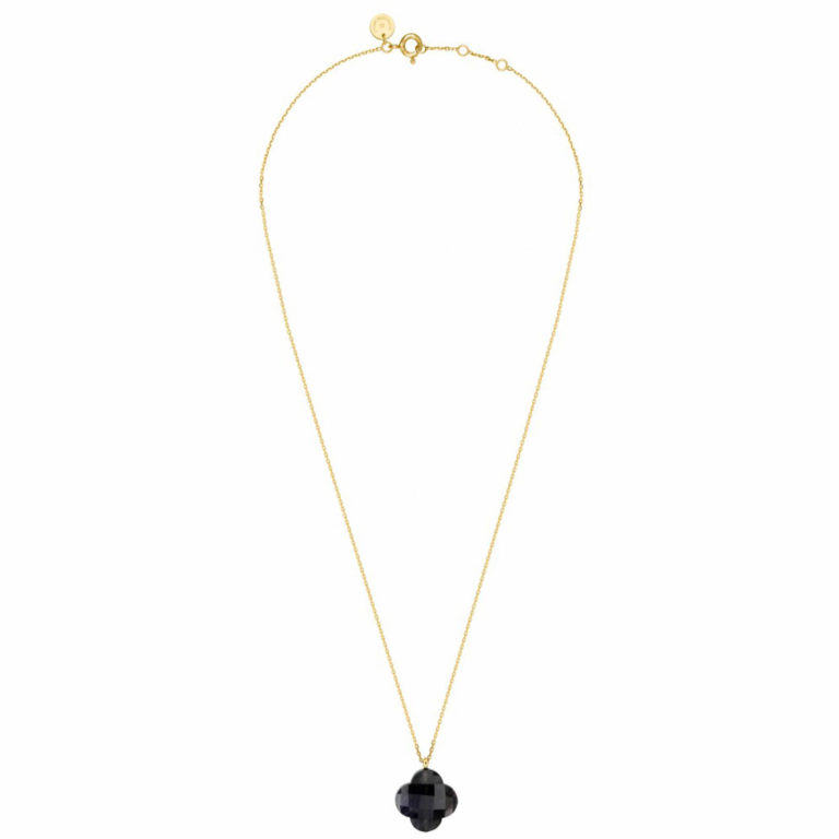 Morganne Bello - Friandise necklace in 750 yellow gold, flat cable chain, black labradorite clover pendant