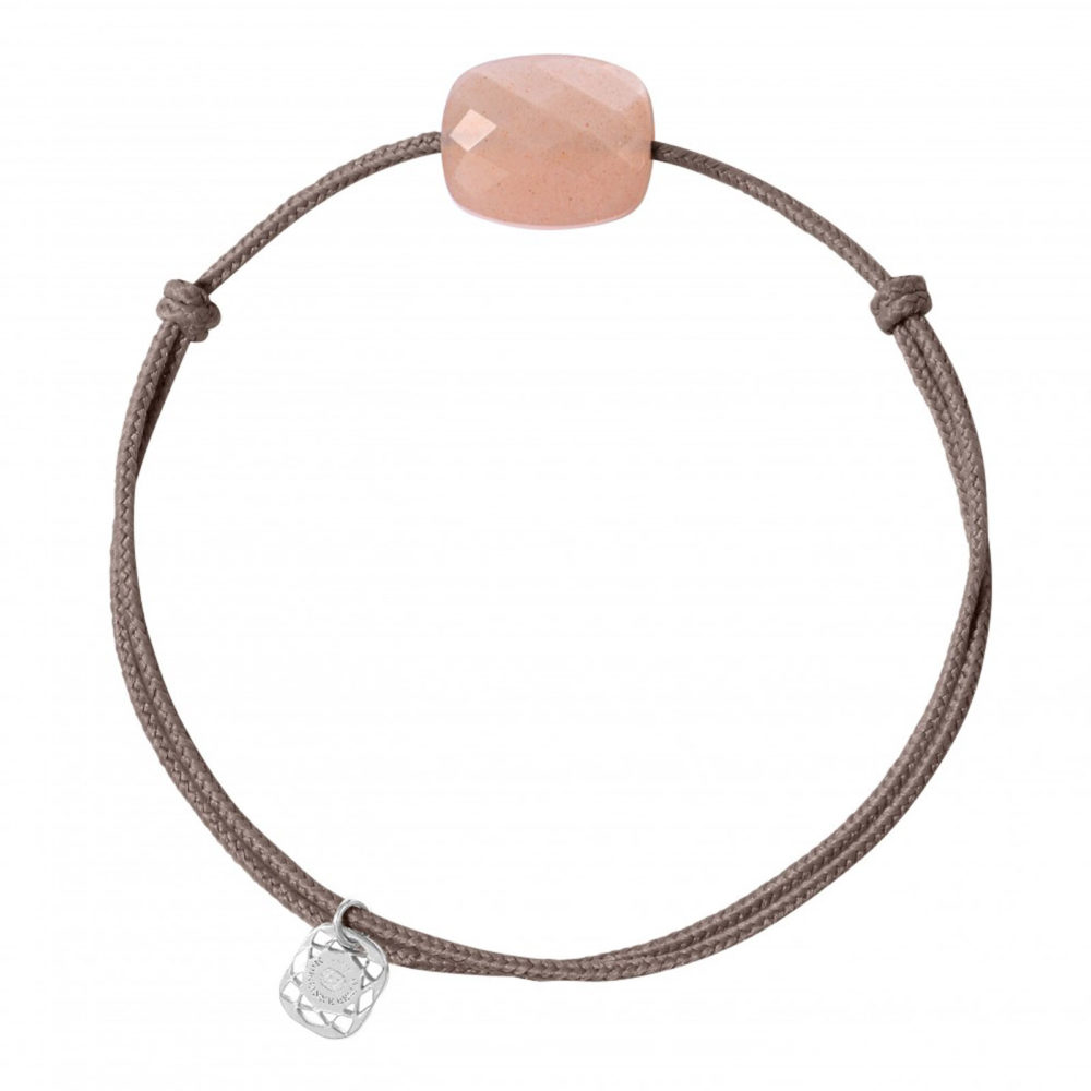 Sweet taupe cord bracelet, peach moonstone cushion