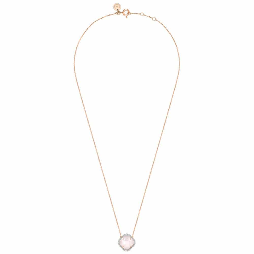 Victoria necklace in 750 pink gold, clover motif in milky pink quartz, surrounded by diamonds