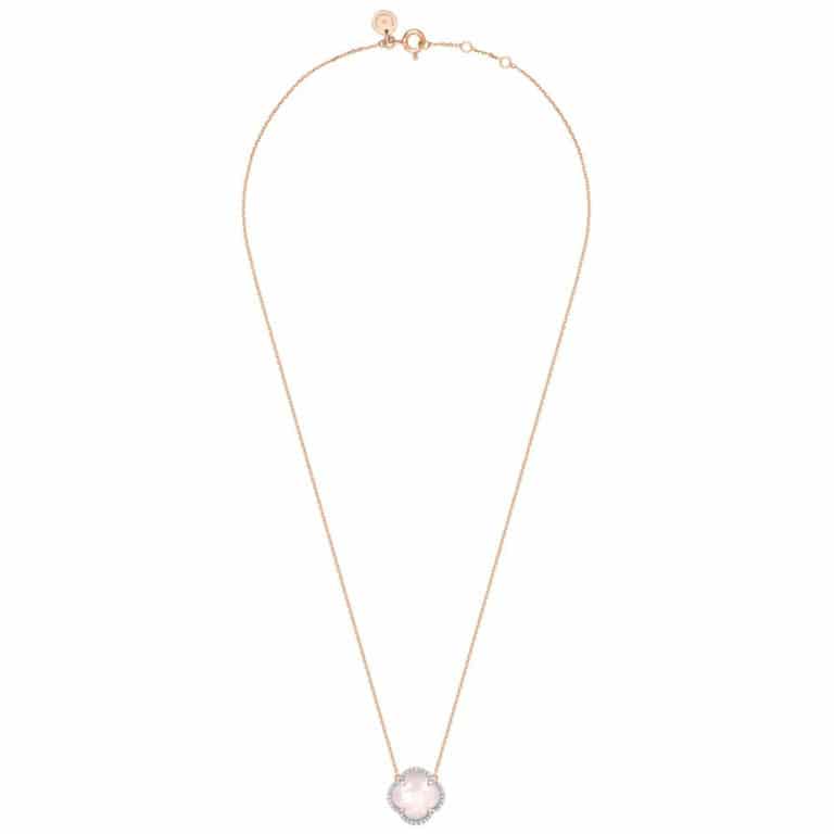 Morganne Bello - Victoria necklace in 750 pink gold, clover motif in milky pink quartz, surrounded by diamonds