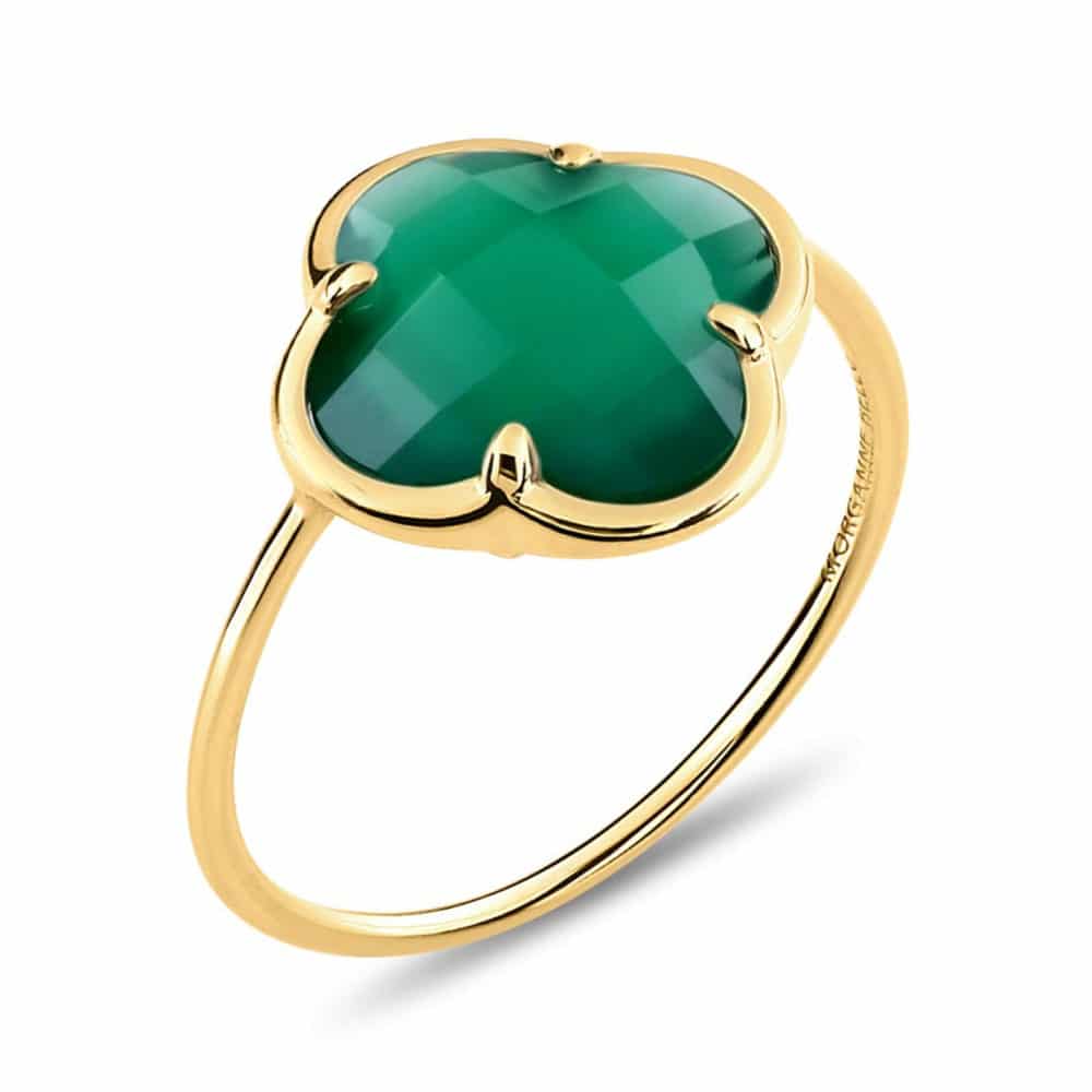 Victoria bague corset en or jaune 750, trèfle agate verte