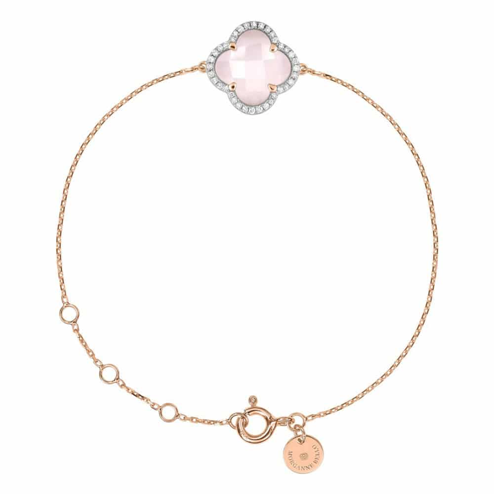 Victoria bracelet in 750 pink gold, clover motif in milky pink quartz surrounded by diamonds