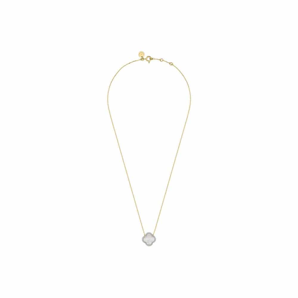 Victoria necklace in 750 yellow gold, white mother-of-pearl clover motif surrounded by diamonds