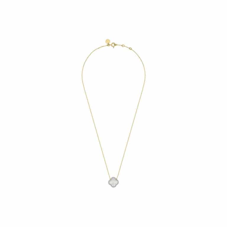 Morganne Bello - Victoria necklace in 750 yellow gold, white mother-of-pearl clover motif surrounded by diamonds