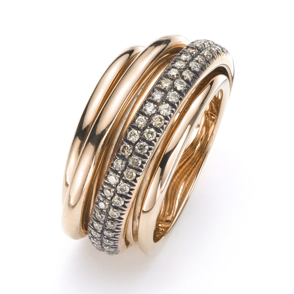 Tibet, bague en or rose sertie de diamants bruns