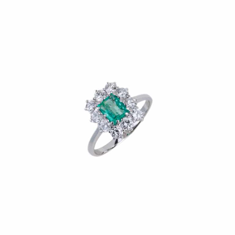 Bijoux Vintage - Vintage bague en or blanc 750, sertie d’une émeraude et 10 diamants