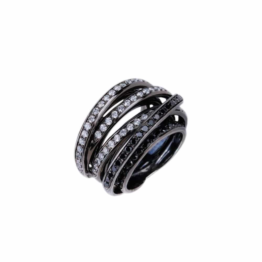 Tibet, bague en or blanc 750, sertie de diamants blancs et diamants noirs