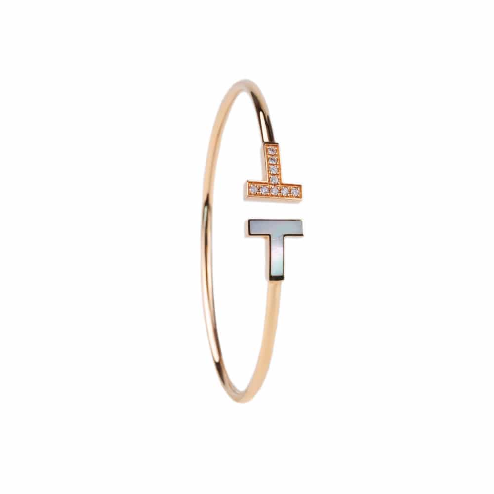 Tiffany T, bracelet en or rose 750, nacre blanche et 9 diamants