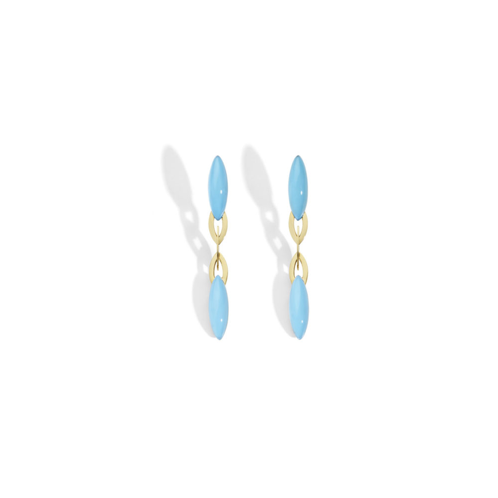Fuseau, boucles d’oreilles en or rose 750 serties de cristal de roche et turquoise