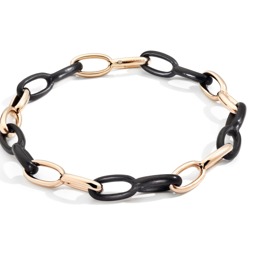 Vague, bracelet en or rose 750 et ébène avec un diamant