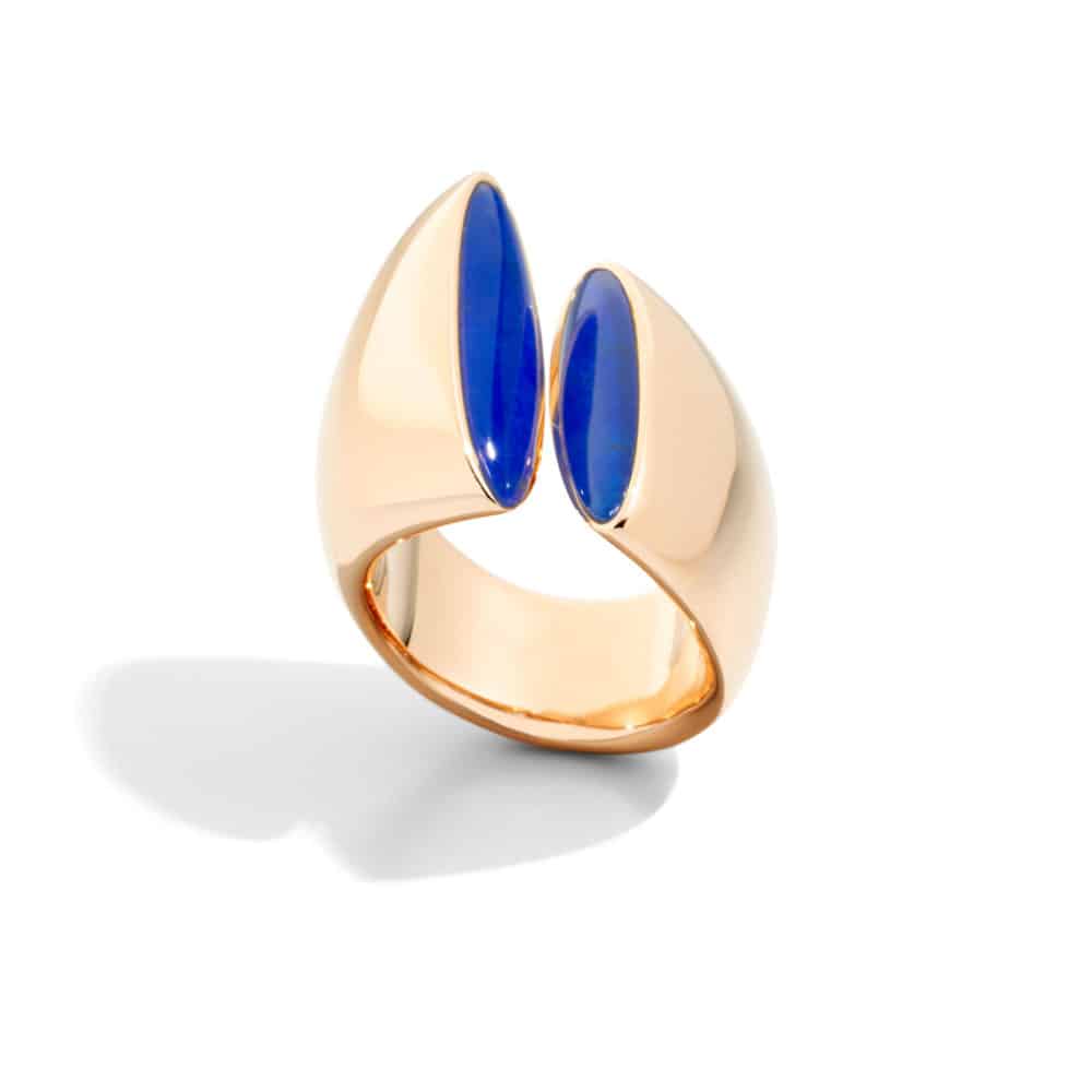 Eclisse, bague en or rose 750, cristal de roche et lapis