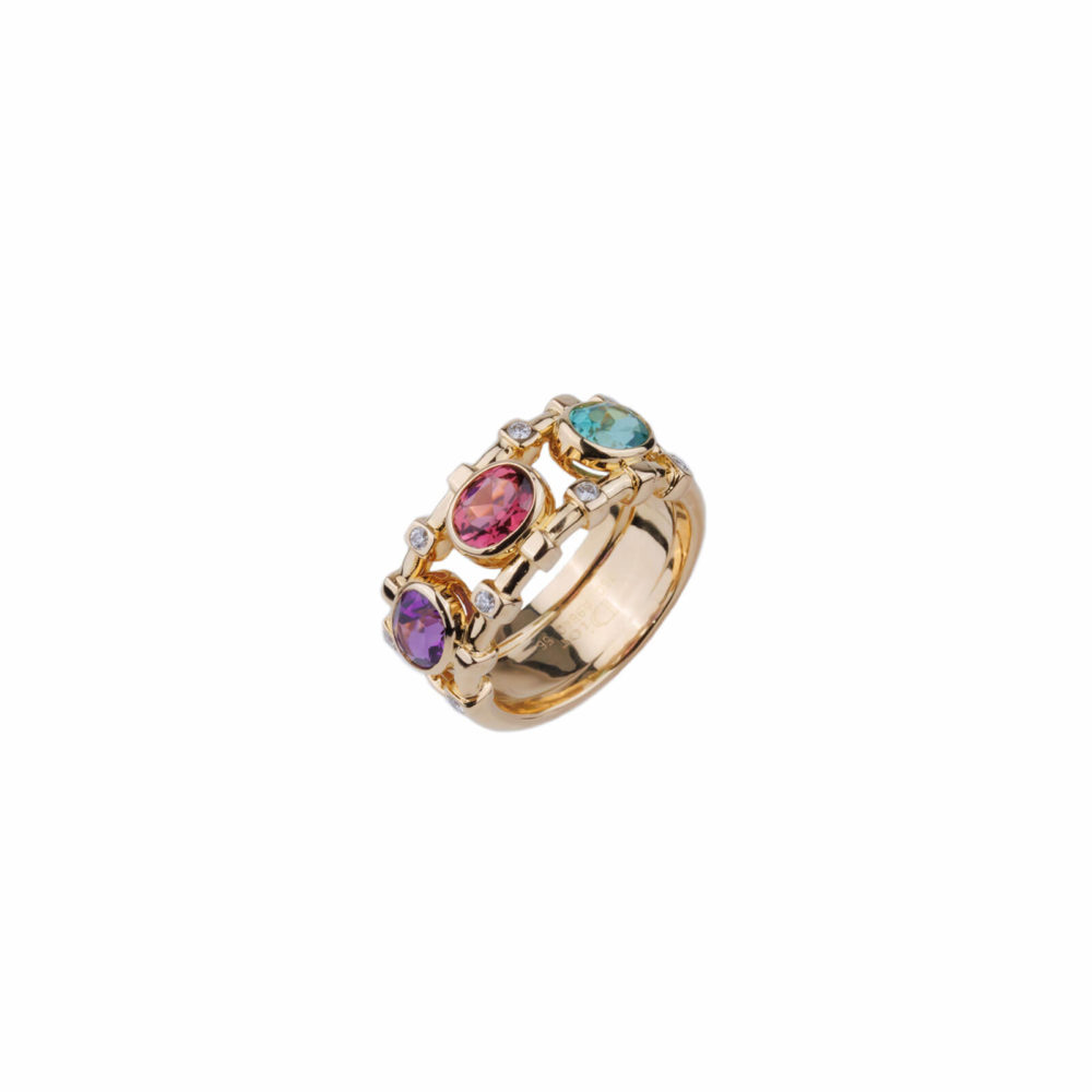 Yellow gold ring 750 with tourmaline, amethyst & diamonds