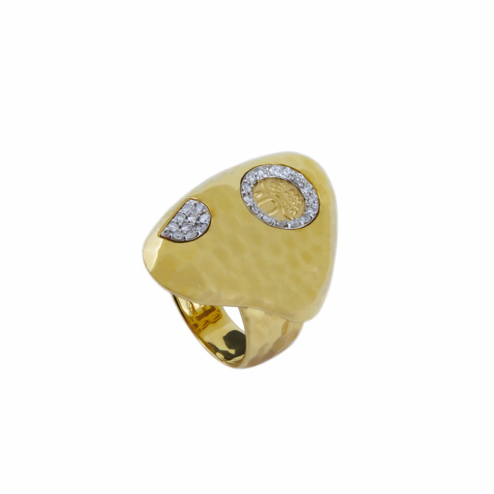 Bague or jaune martelé 1/2 lune en pavage de diamants
