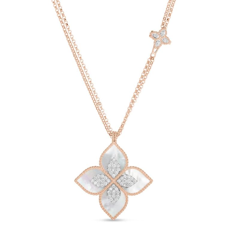 Roberto Coin - Princess Flower – Sautoir en or rose et or gris avec une grande fleur en nacre