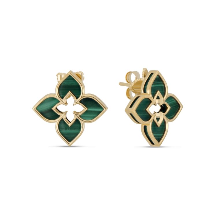 Roberto Coin - Venetian Princess – Boucles d’oreilles en or jaune 750 avec fleur en malachite