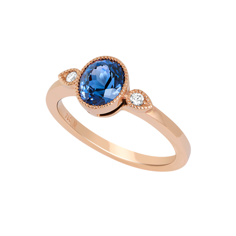 Lionel Meylan Créations - Pink gold ring set with a blue spinel and two diamonds