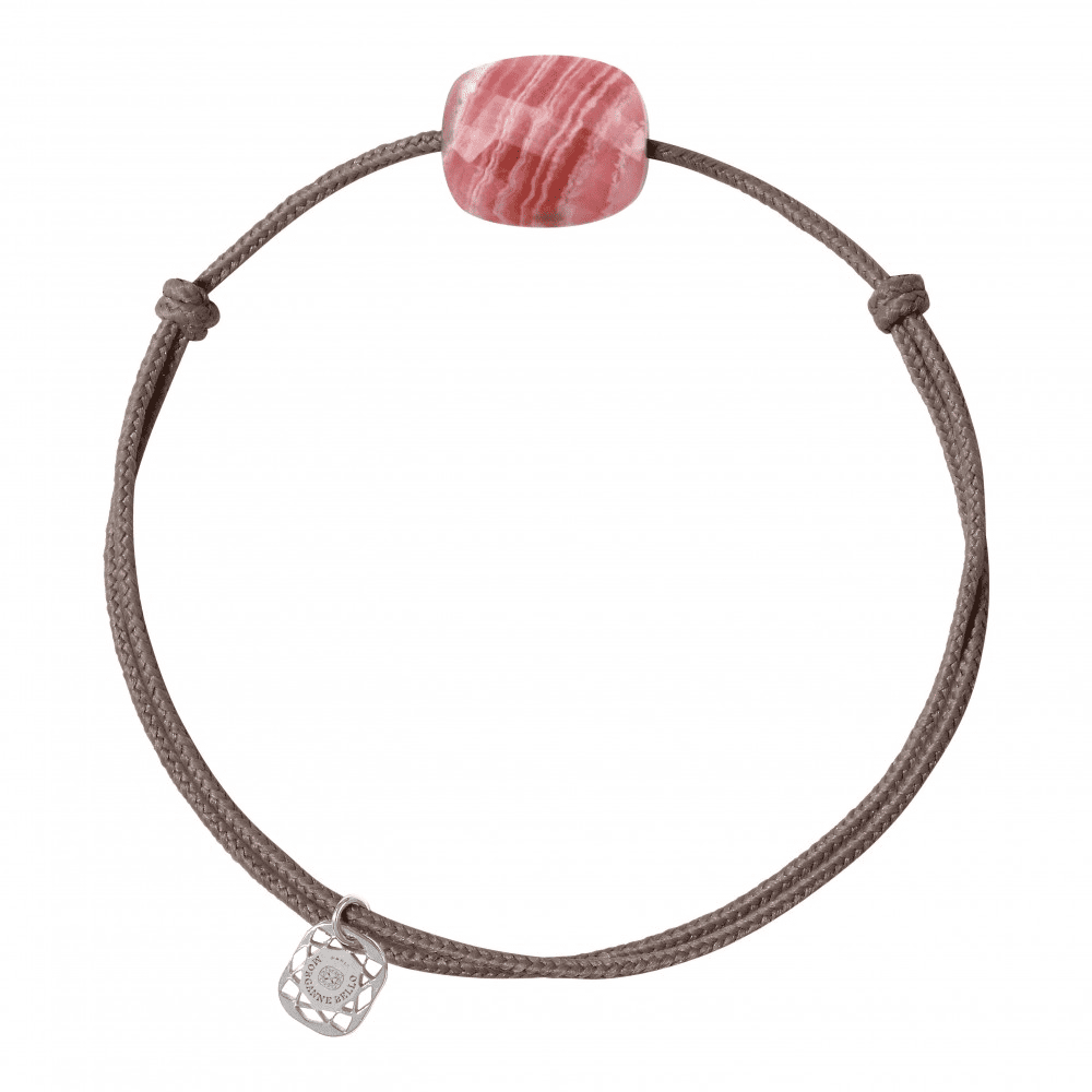 Taupe cord bracelet with rhodochrosite cushion