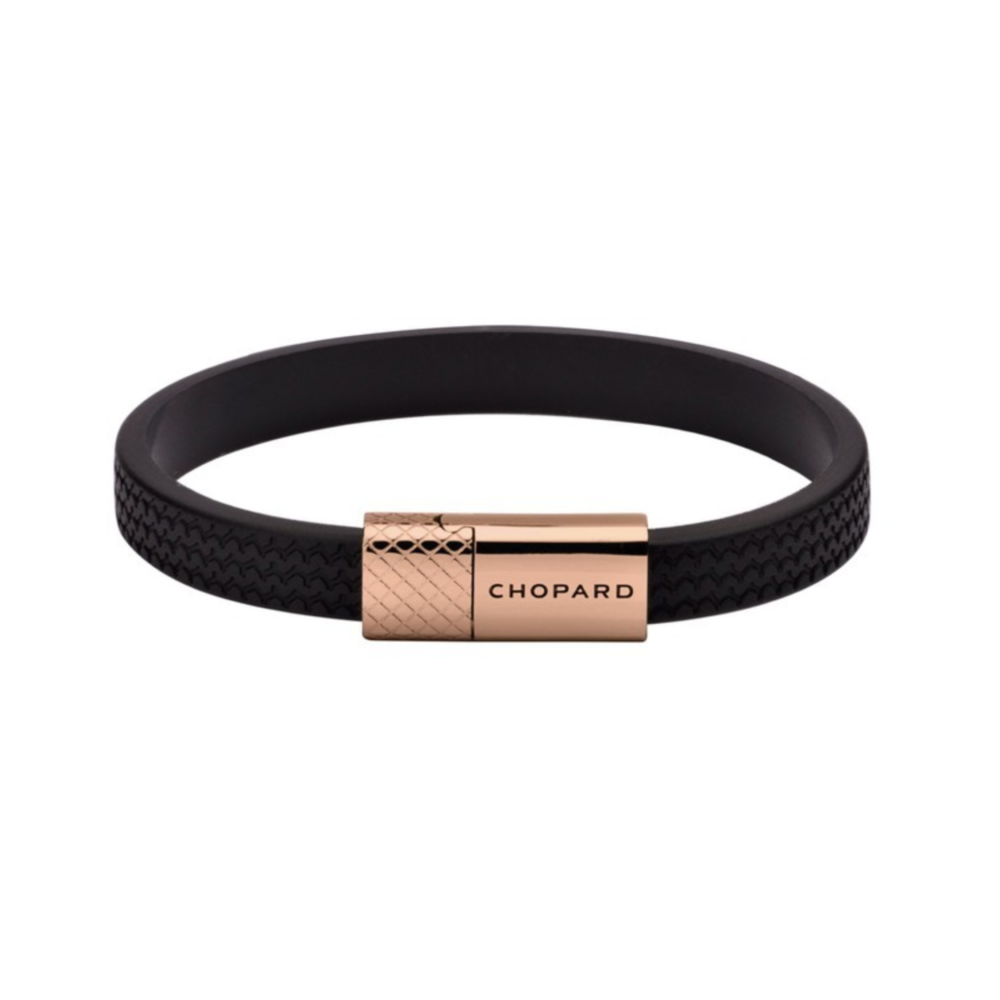 Bracelet en caoutchouc motif pneu avec fermoir plaqué or rose