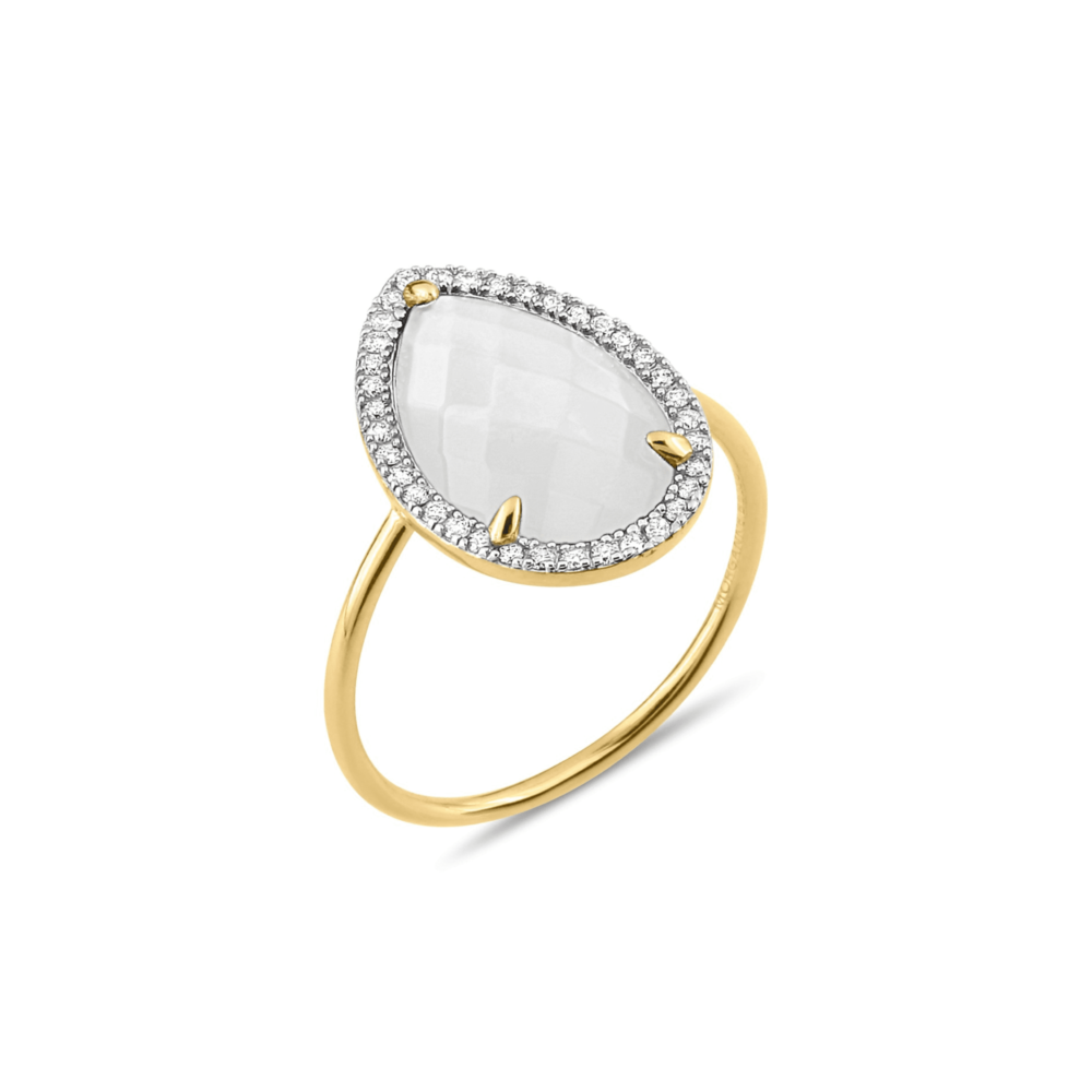 Alma ring in yellow gold with white mother-of-pearl and diamonds