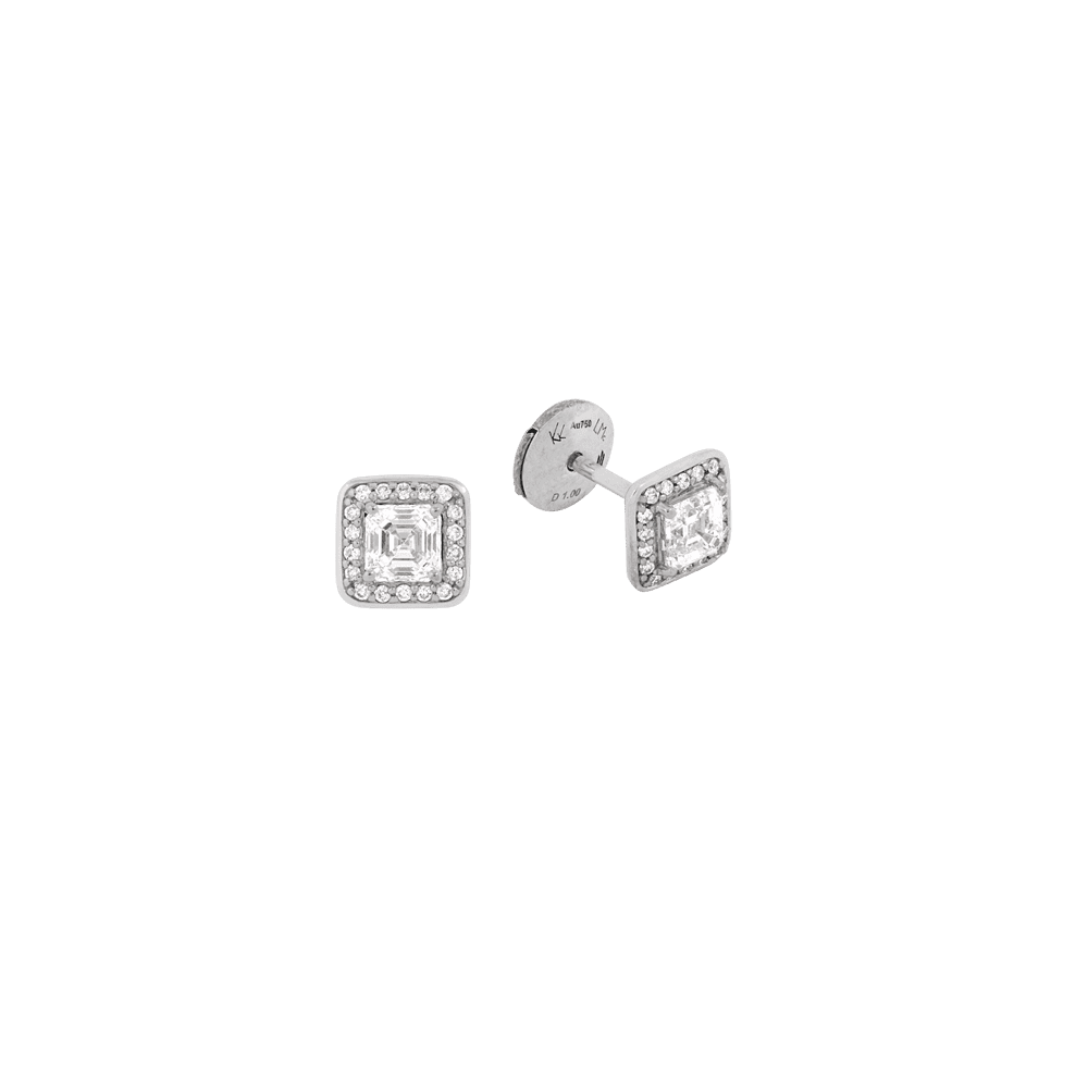 Stud earrings in white gold set with two Asscher-cut diamonds and surrounded by 36 brilliant-cut diamonds