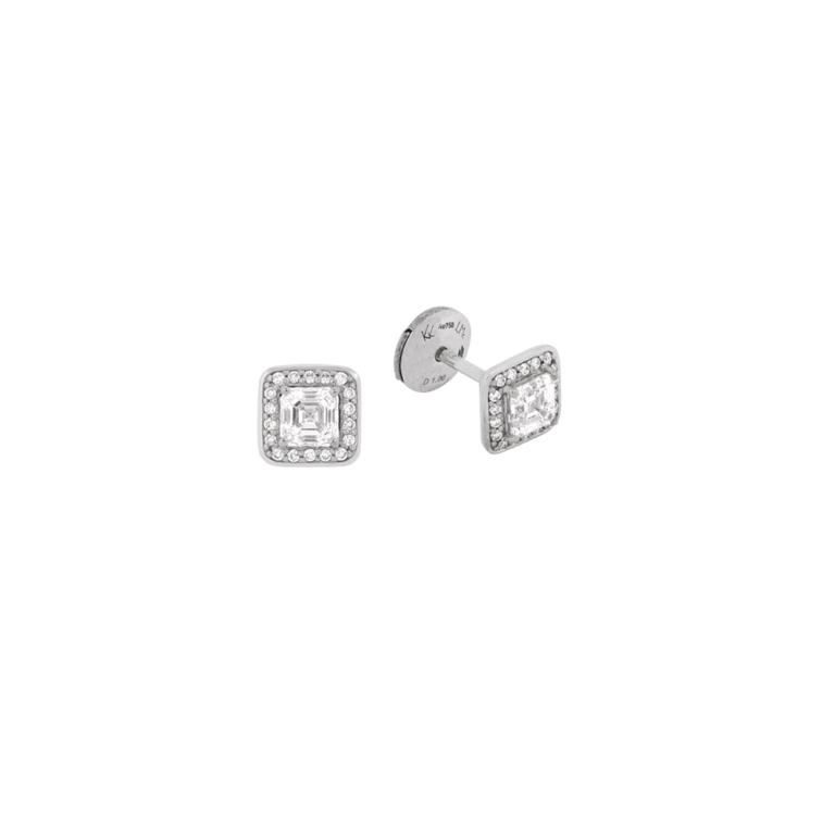 Lionel Meylan Créations - Stud earrings in white gold set with two Asscher-cut diamonds and surrounded by 36 brilliant-cut diamonds