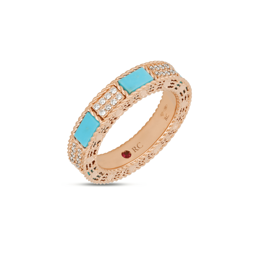 Ring in pink gold, diamonds and turquoise