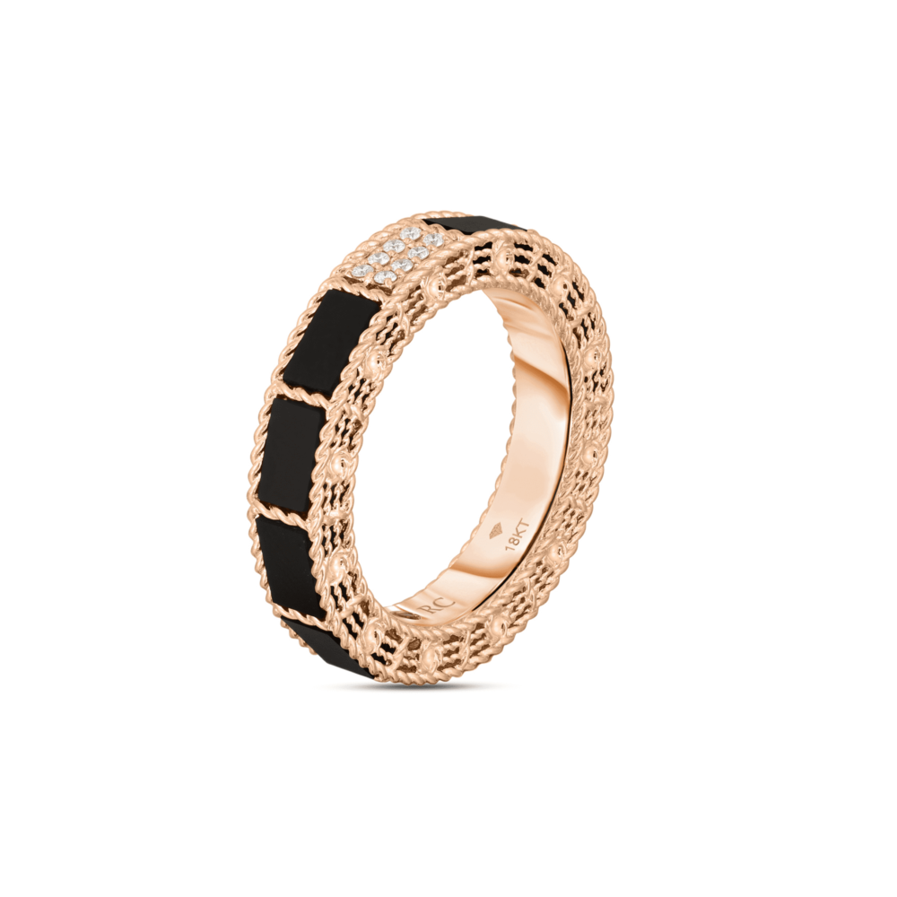 Pink gold ring with diamonds and black jade