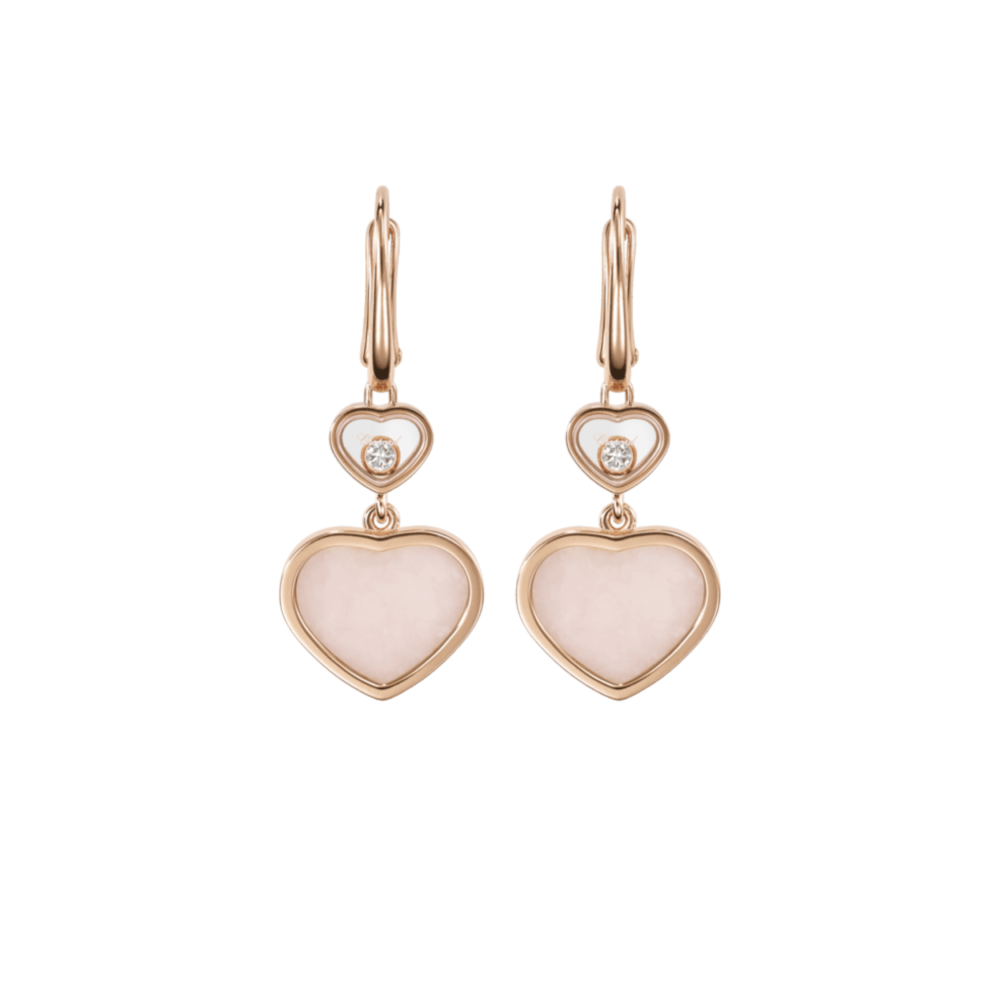 Happy Hearts – Boucles d’oreilles en or rose serties de deux cœurs en opales rose