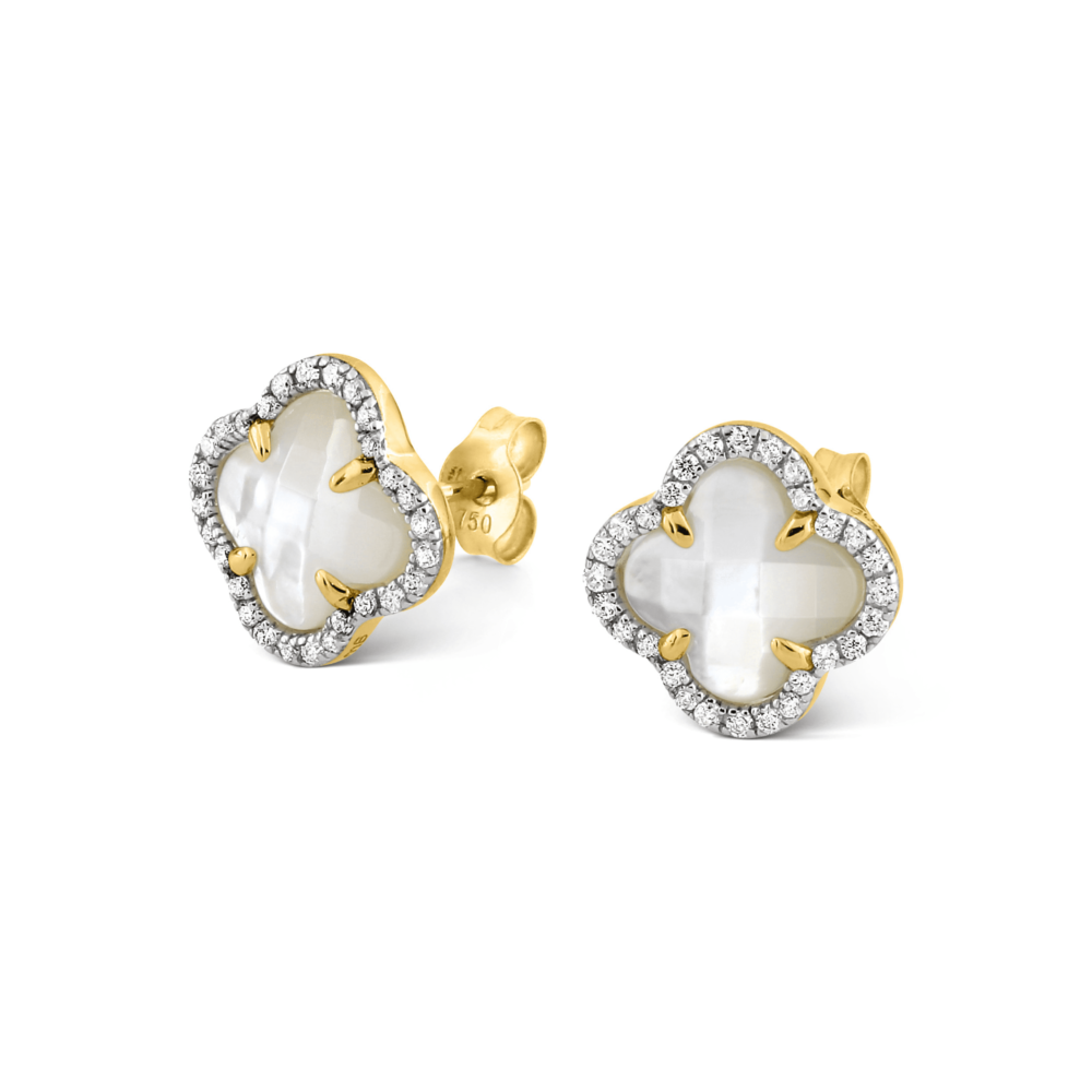 Victoria earrings in yellow gold with white mother-of-pearl and white diamonds