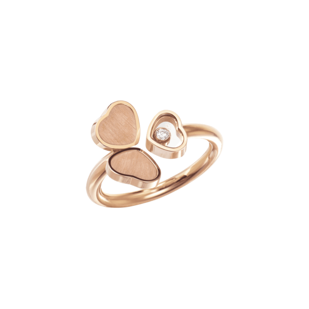 Happy Hearts – Bague en or rose avec trois motifs cœurs et diamant mobile