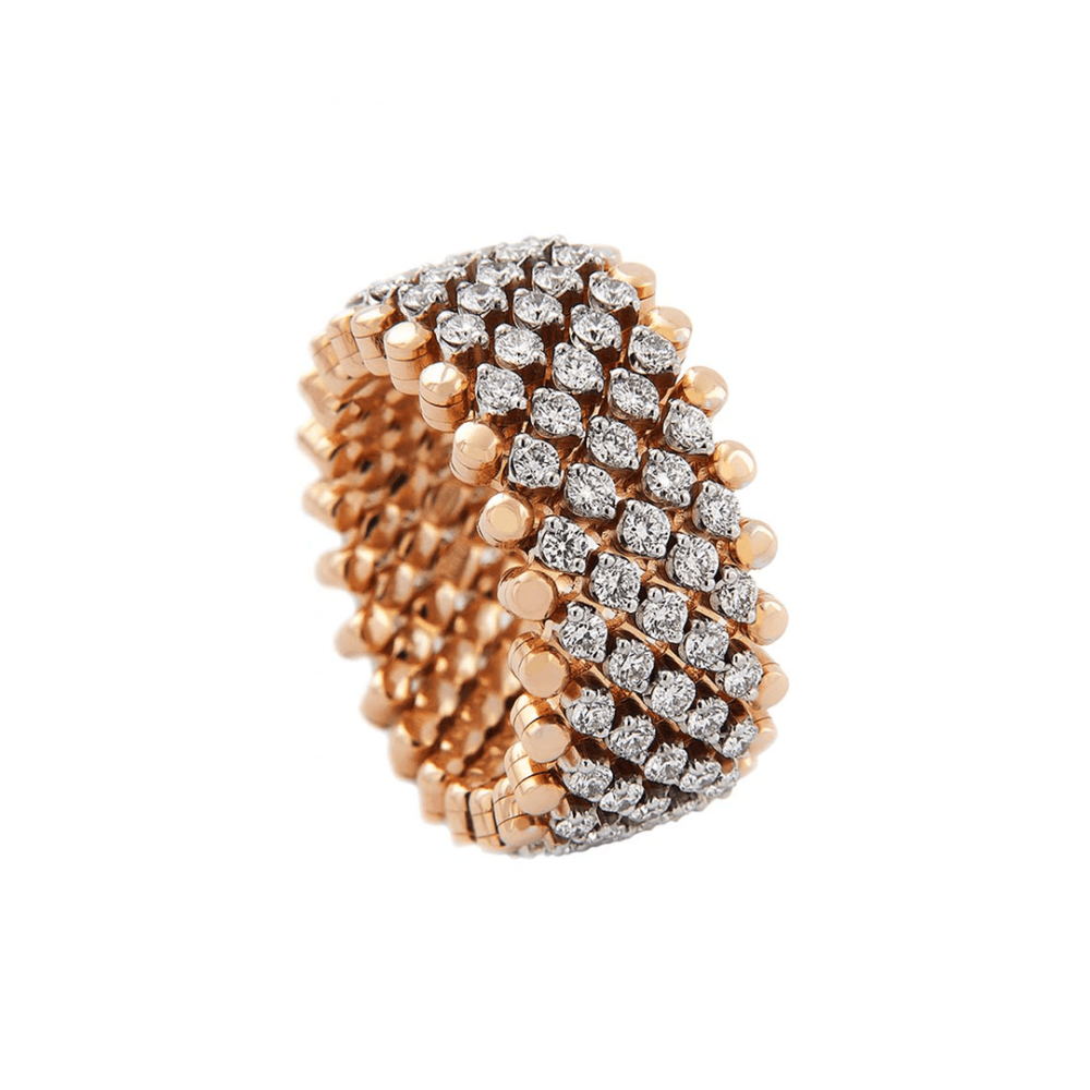 7-row ring in pink gold set with diamonds