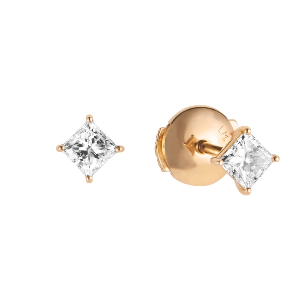 Pink gold stud earrings set with two princess diamonds – total 0.60ct