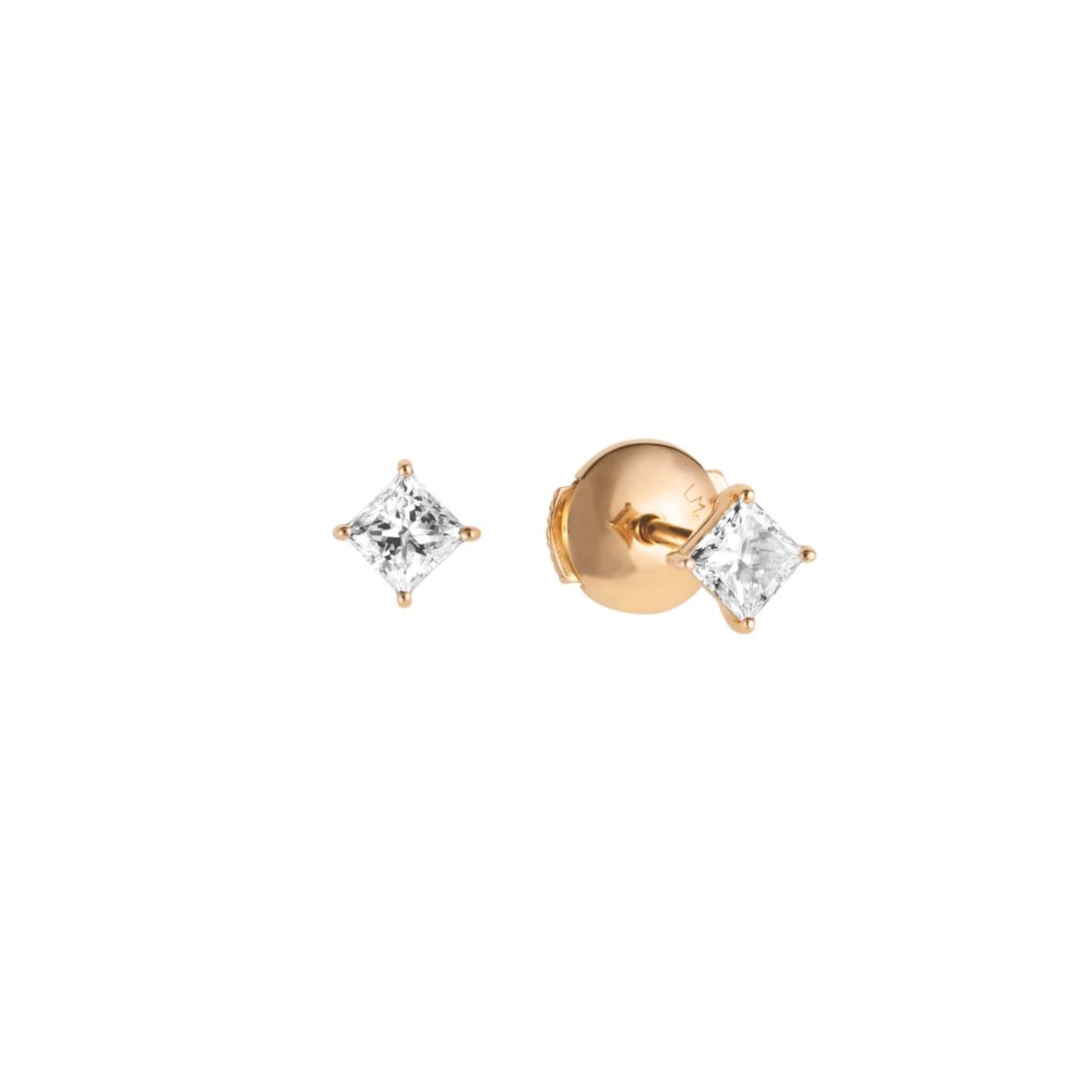 Clous d’oreille en or rose serti de deux diamants princesse – total 0.60ct