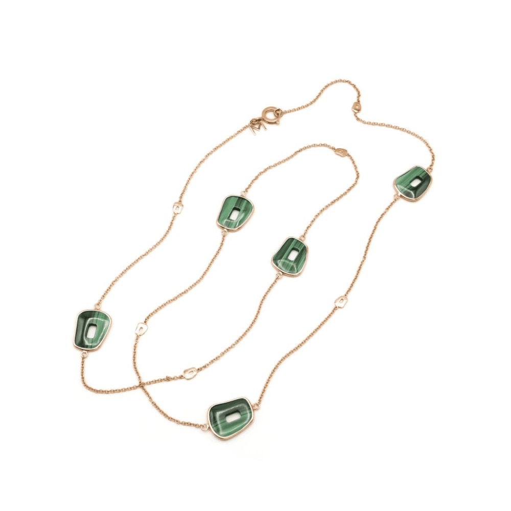 Rose gold puzzle necklace with five malachite elements