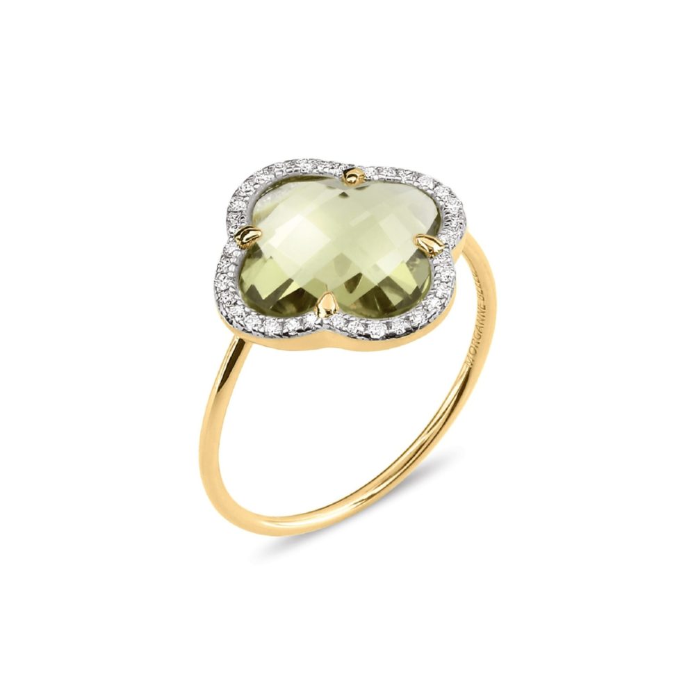 Victoria ring in yellow gold with olive quartz and white diamonds