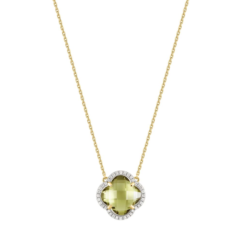 Victoria necklace in yellow gold with olive quartz and white diamonds