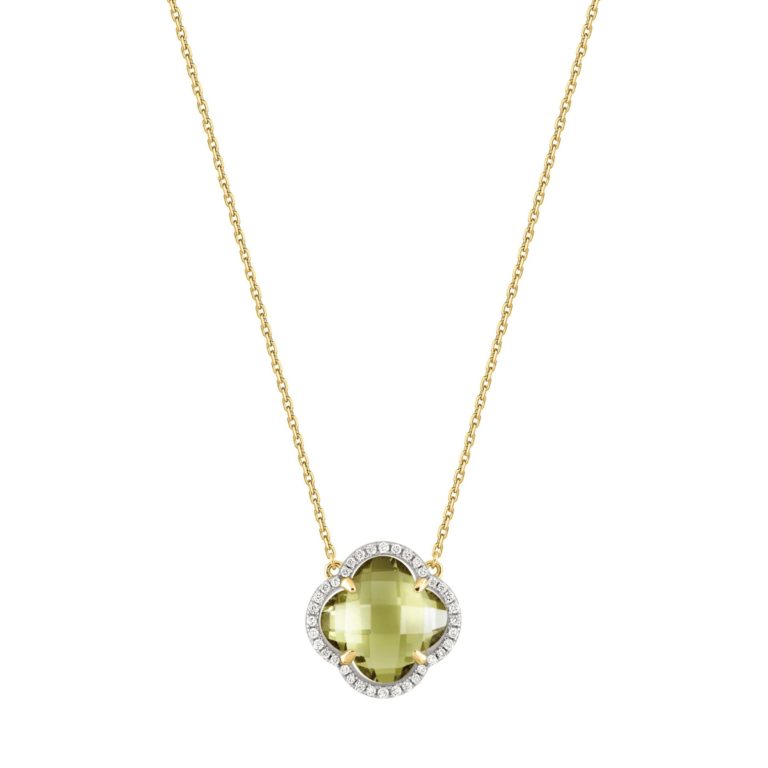 Morganne Bello - Victoria necklace in yellow gold with olive quartz and white diamonds