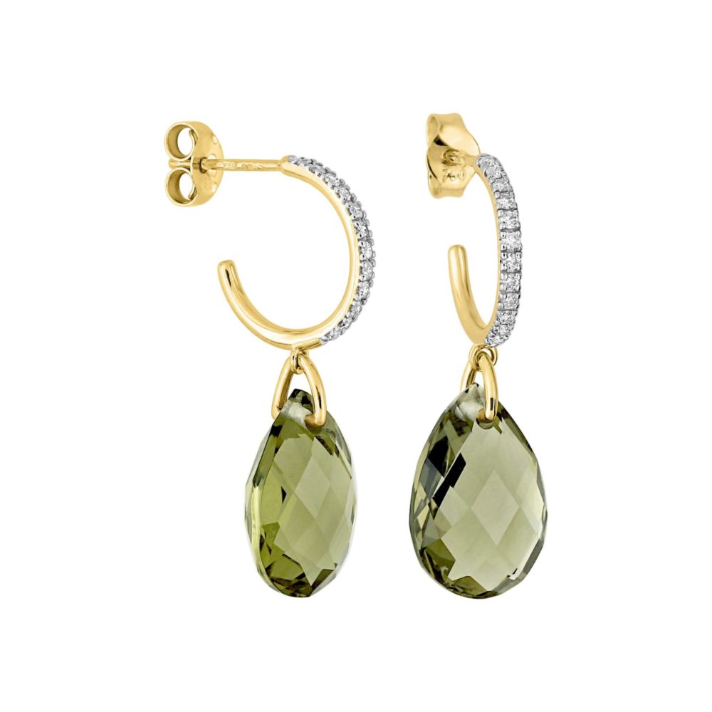 Alma earrings in yellow gold with olive quartz and diamonds