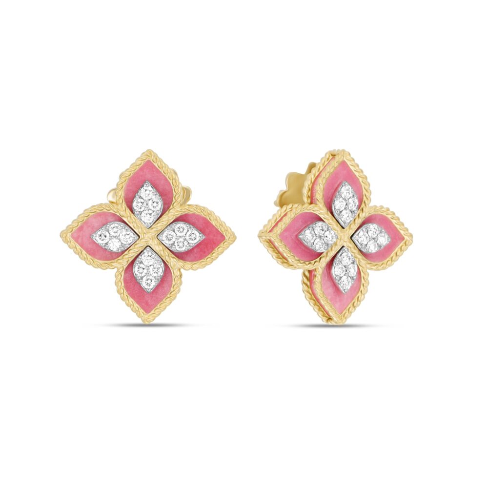 Princess Flower – Earrings in yellow gold, rhodonites and diamonds