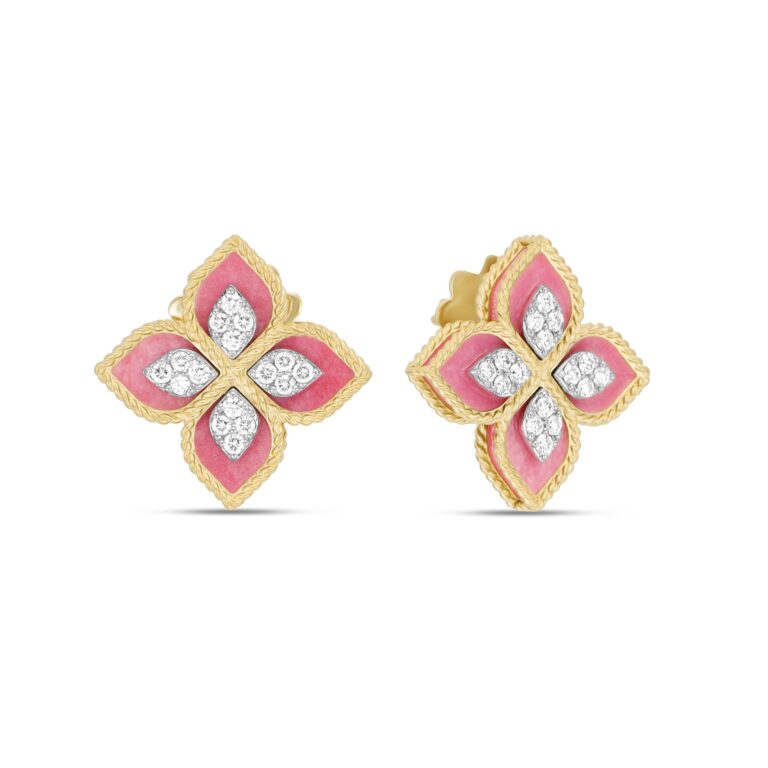 Roberto Coin - Princess Flower – Boucles d’oreilles en or jaune, rhodonites et diamants